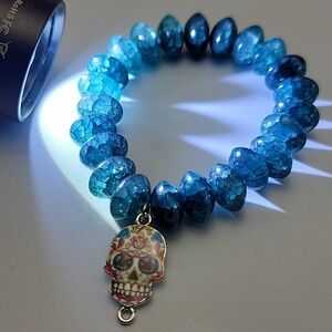 Dark Blue Dragon Vein Agate Rondelle Skull Stretch Bracelet 5.5" + Gemstone